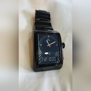 Evisu Black and Gold Rectangular Hybrid Watch with Red Accent